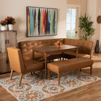 Baxton Studio BBT8051-Tan/Walnut-5PC Dining Nook Set Arvid Mid-Century Modern Tan Faux Leather Upholstered and Walnut Brown Finished Wood 5-Piece Dining Nook Set